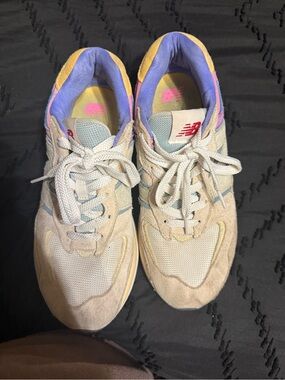 New Balance 57/40 Women's Beige Sneakers with Pastel Purple & Yellow Accents